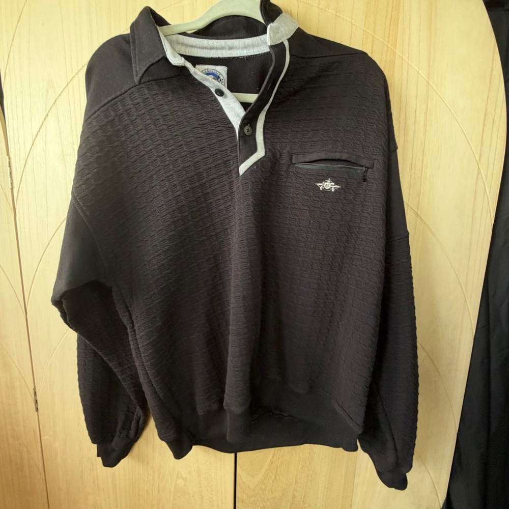Greenline International Sweatshirt Mens L Black Textured Polo Pullover Vintage